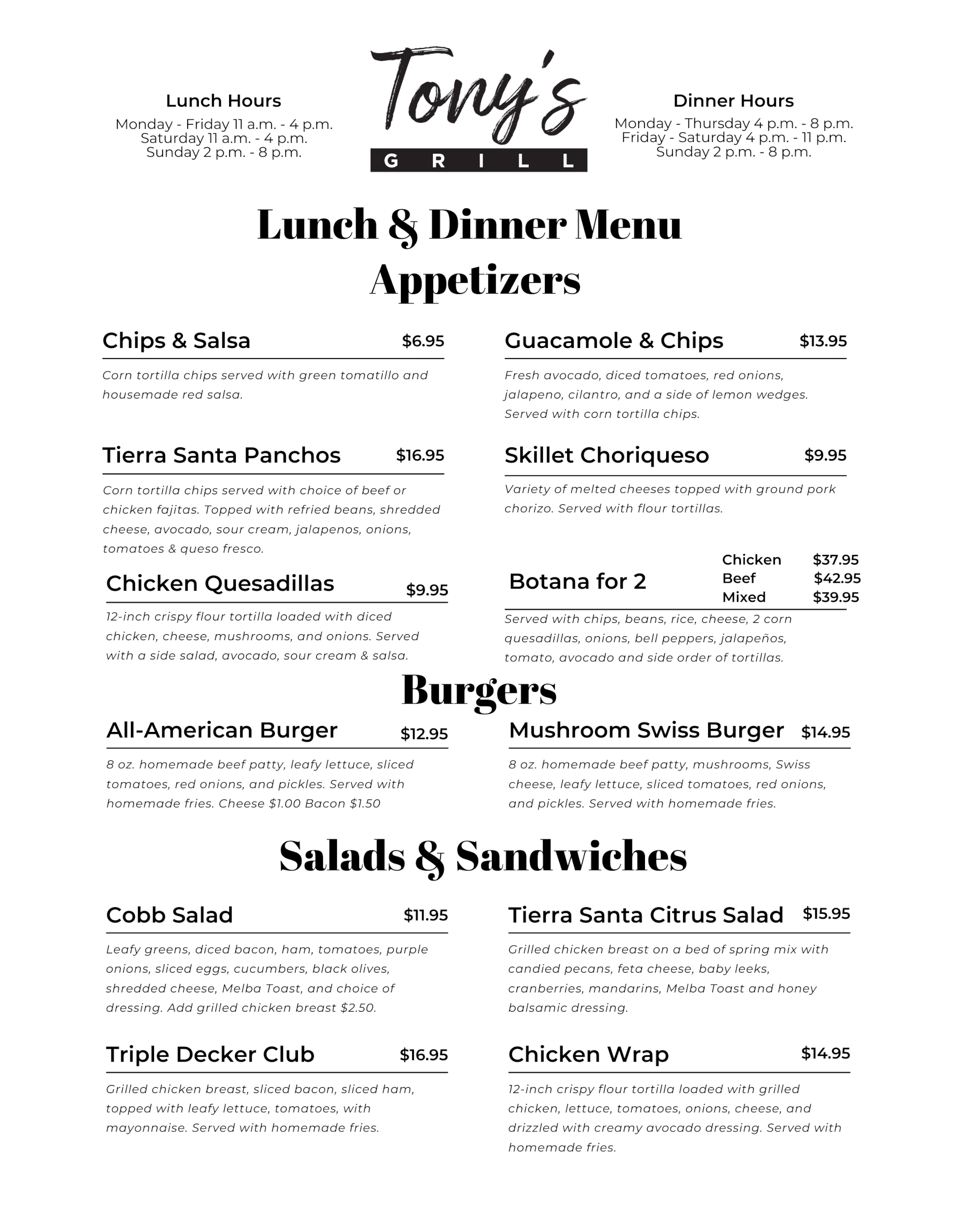 Tony's Grill - Lunch And Dinner Menu (Page #1)