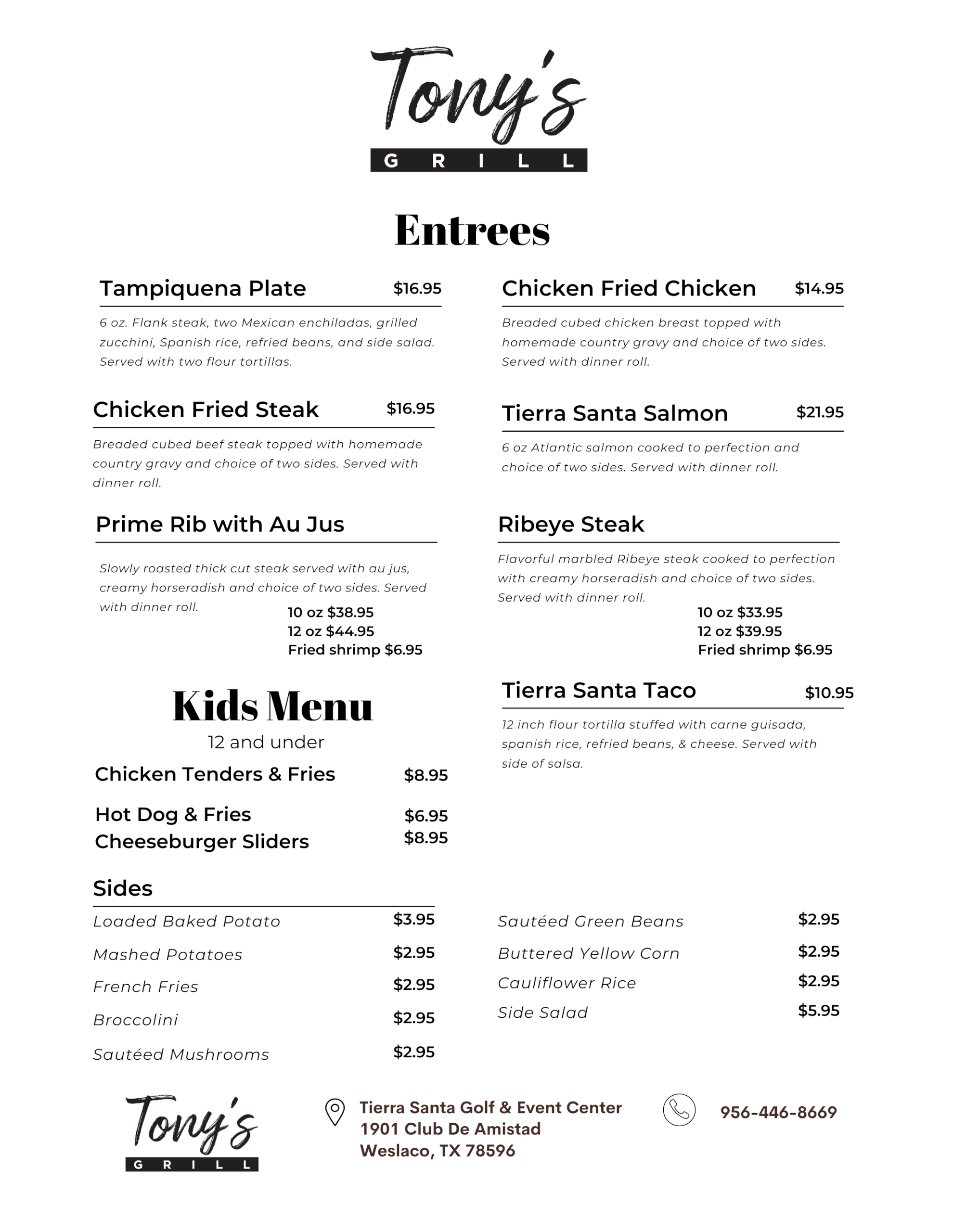 Tony's Grill - Lunch And Dinner Menu (Page #2)